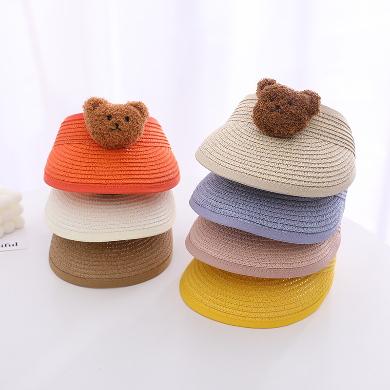 Chapeau de paille tissé à bord roulé pour bébé, casquette ours de  protection solaire pour enfants