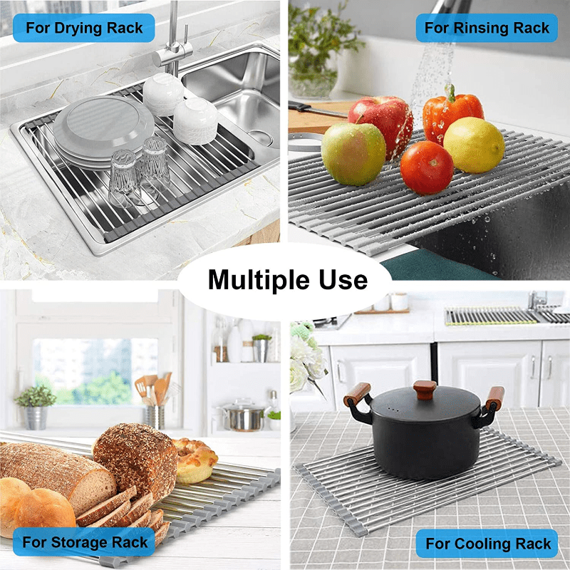 1pc Roll Up Dish Drying Rack Foldable Rolling Dish Sink Drying Rack  Stainless Steel Sink Rack Kitchen Counter 17.7in*11in, Foldable Sink Rack  Kitchen