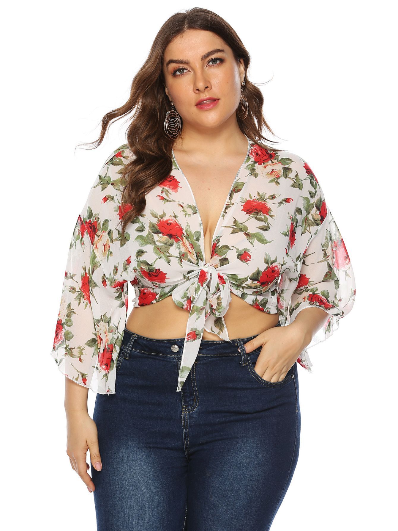 Plus Size All Over Print Deep V Neck Zipper Front Tops, Women's Plus High  Stretch Sexy Tops