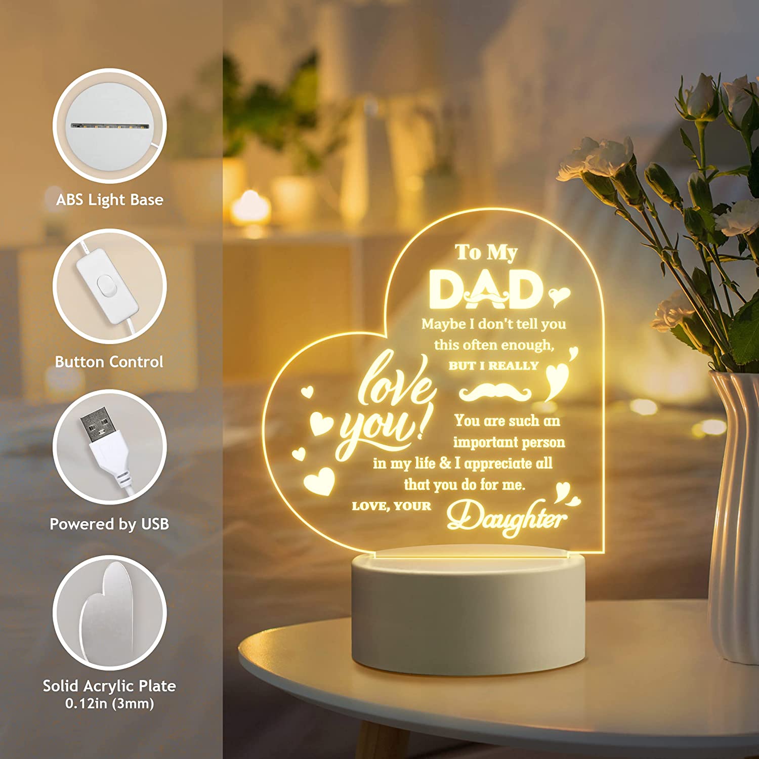 wowcugi Customized Acrylic Dad Night Light - to My Dad - Night Lamp Gifts  for Father's Day Birthday Christmas - Gifts from Daughter to Dad 