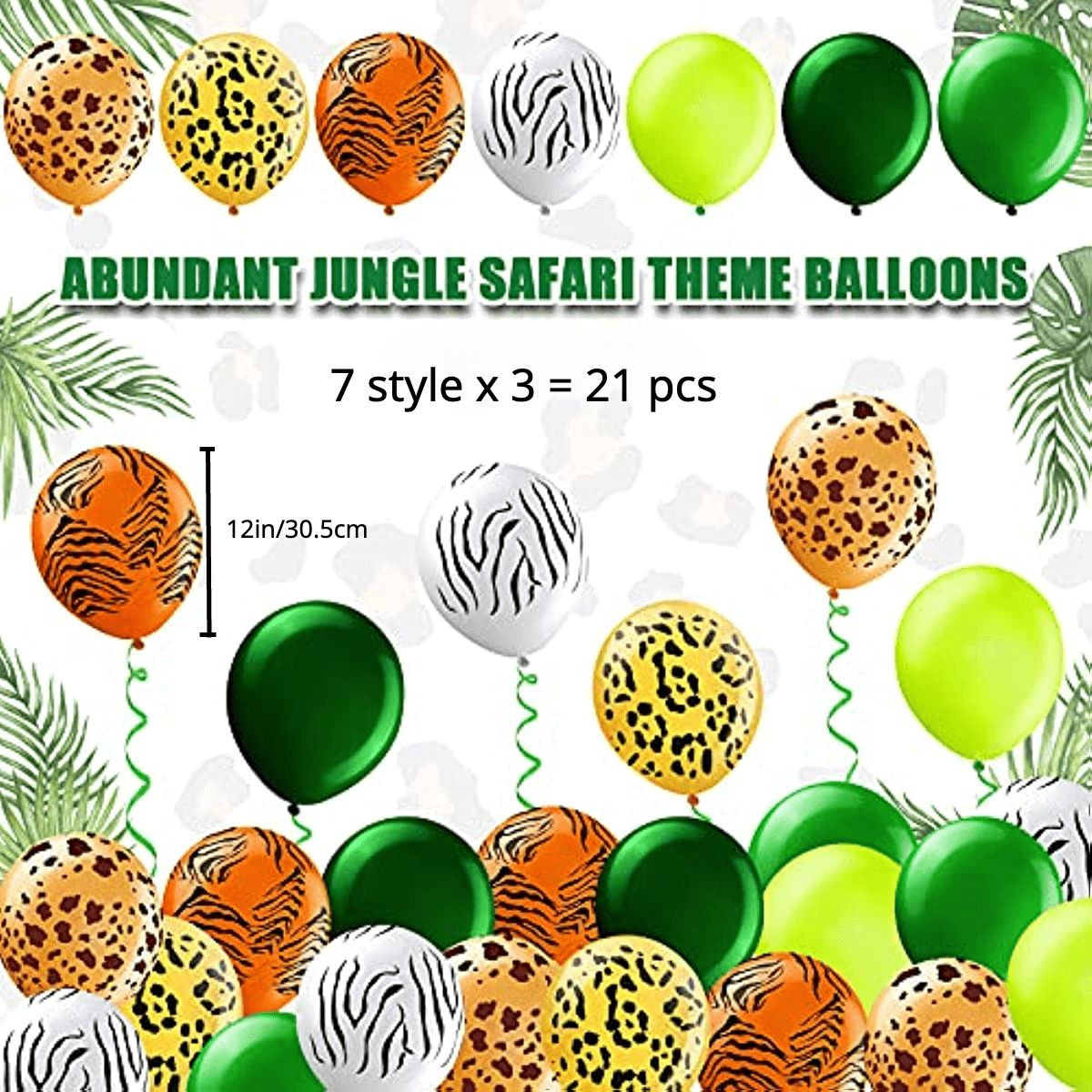 Ensemble De 12 Ballons D'animaux De La Jungle + 1 Ruban Vert
