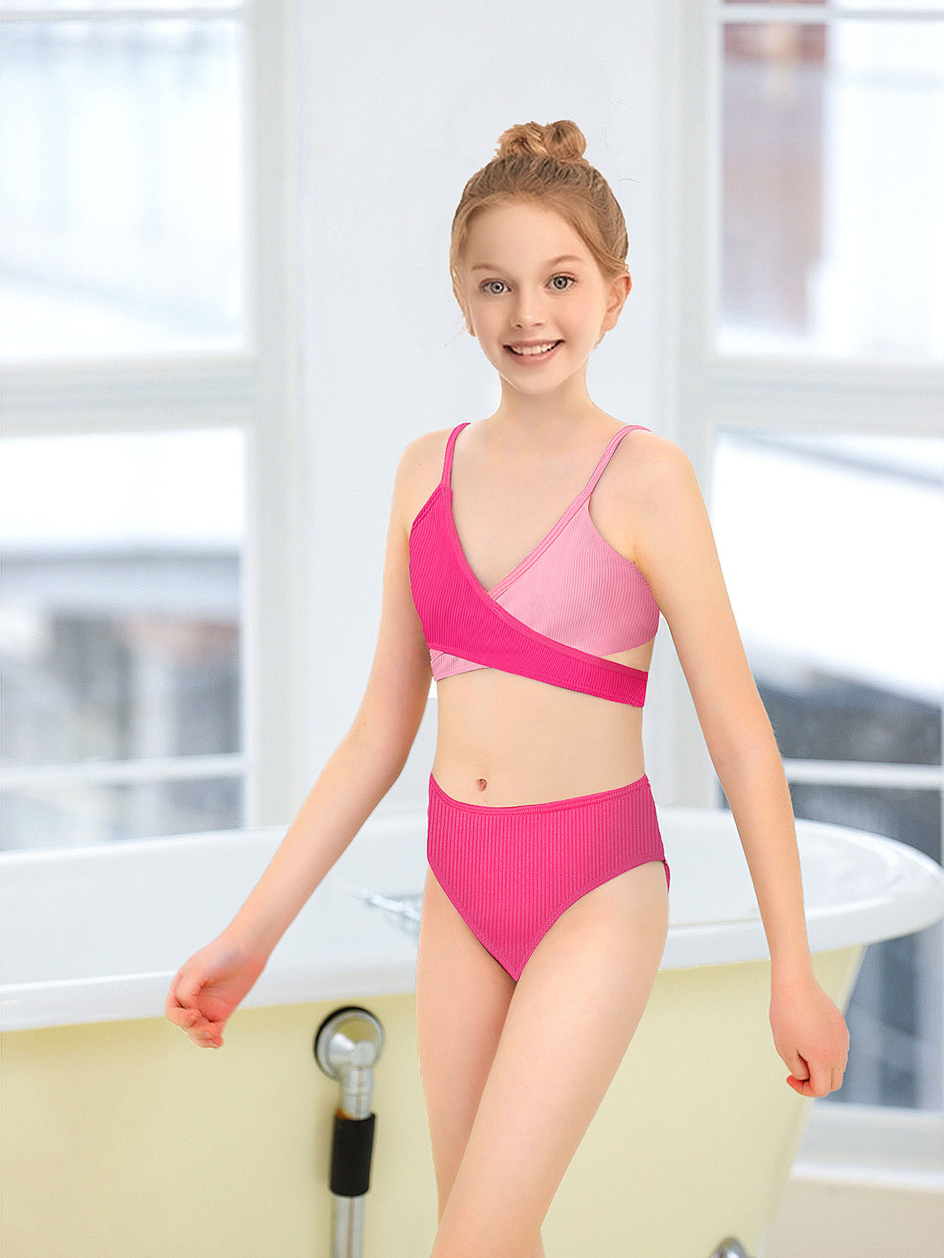 Girl's Trendy Bikini Set Solid Color Criss Cross Stretchy - Temu