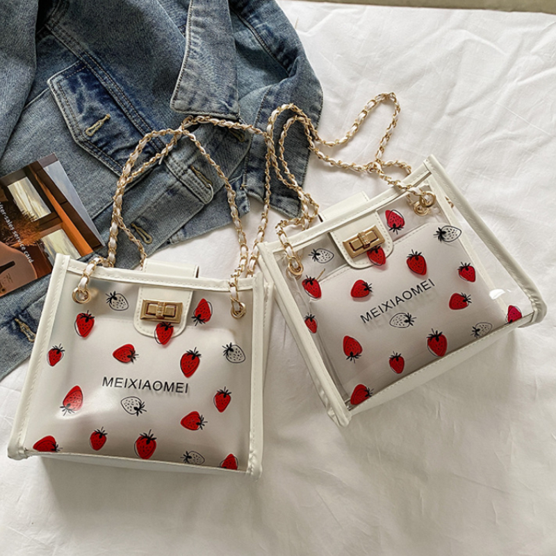 Clear Strawberry Print Shoulder Bag With Insert Pouch, Turn Lock