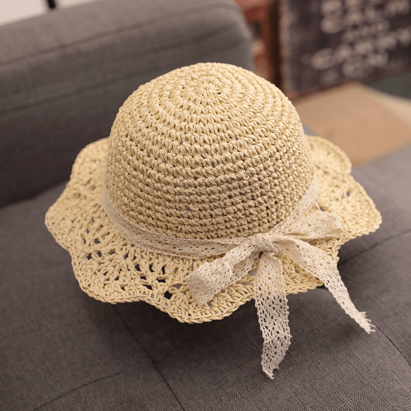 Fashion Baby Petal Brim Straw Woven Hat Sun Protection Lace Princess Collapsible Beach Cute Infant Bucket Hats For Kids Girls,B-Beige,$5.49,free