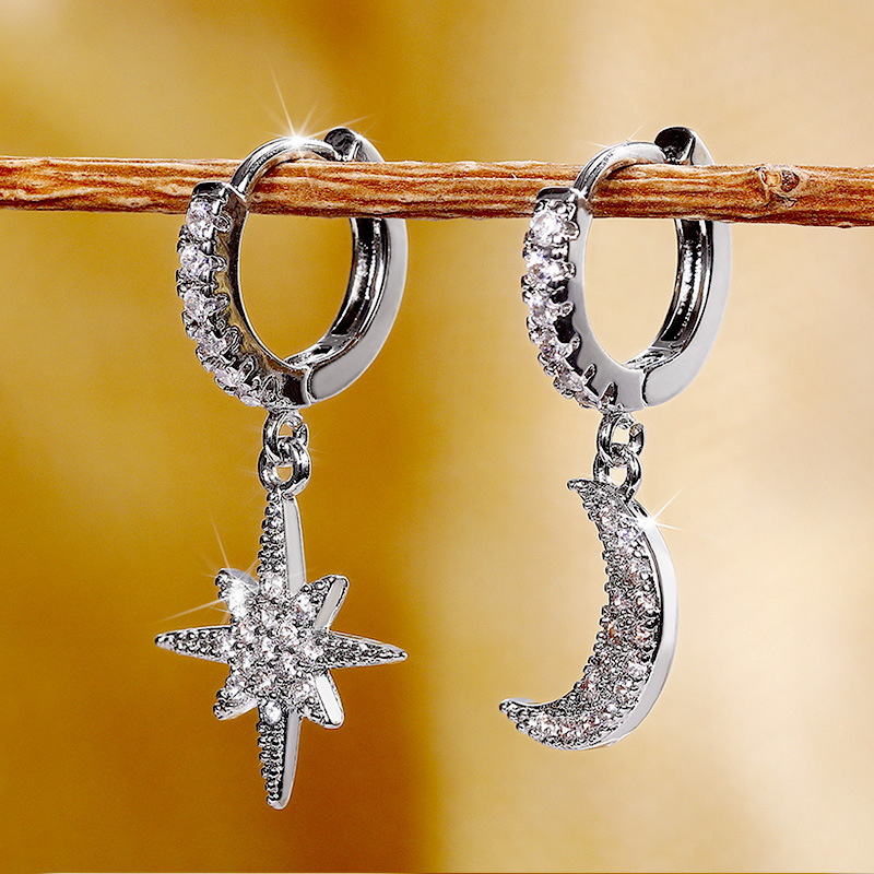 Moon Star Pendant With Full Shiny Zircon Inlaid Asymmetric Earrings ...