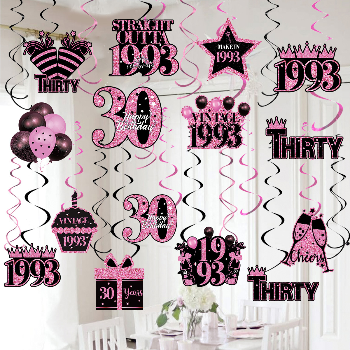 Decoraciones de 40 cumpleaños para mujer, color morado, negro y plateado,  decoraciones de fiesta de 40 cumpleaños, decoración de espirales colgantes