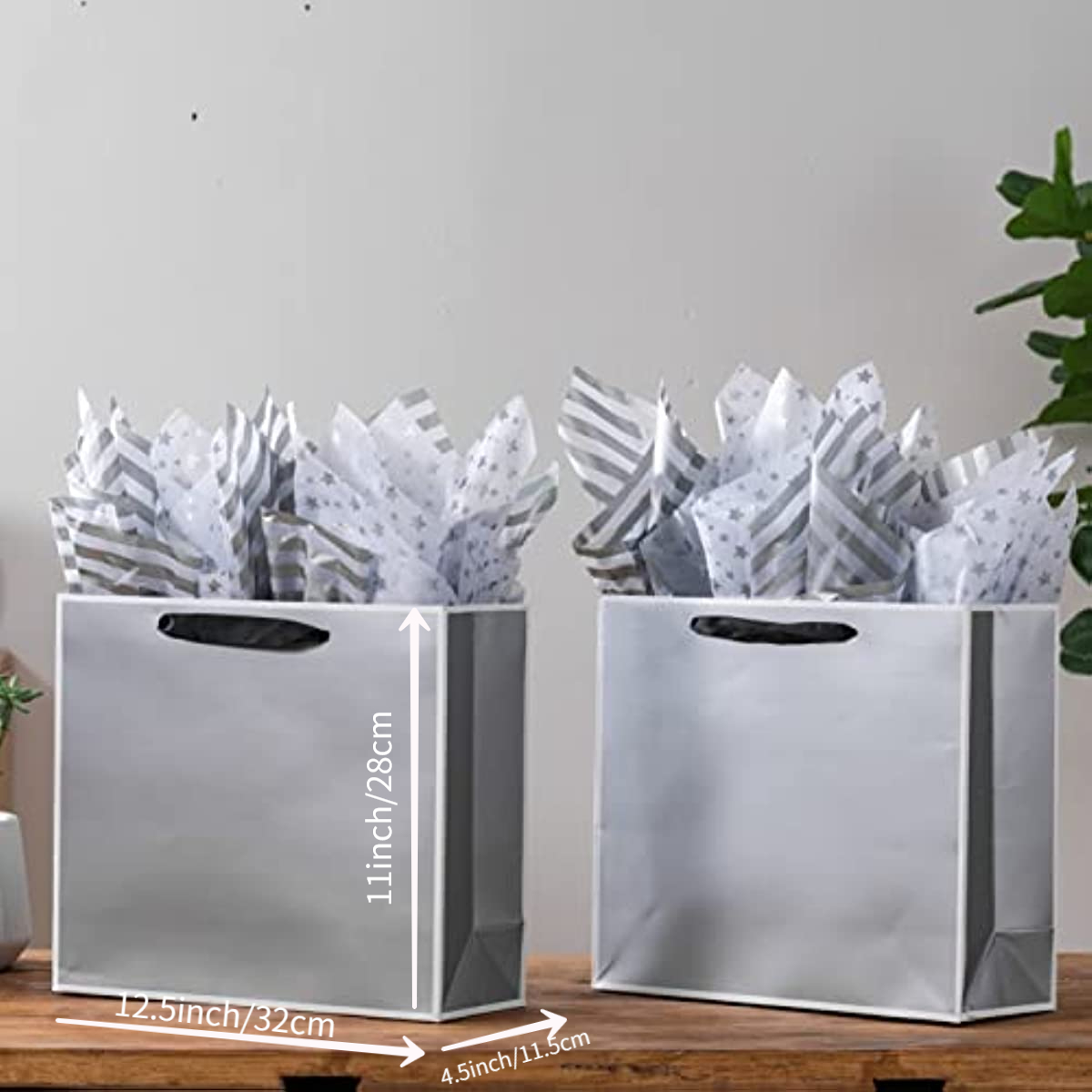 4) NEW Silver Chrome Paper Gift Bags W/ TISSUE PAPER & Tags Handles  10x8.5x4.5