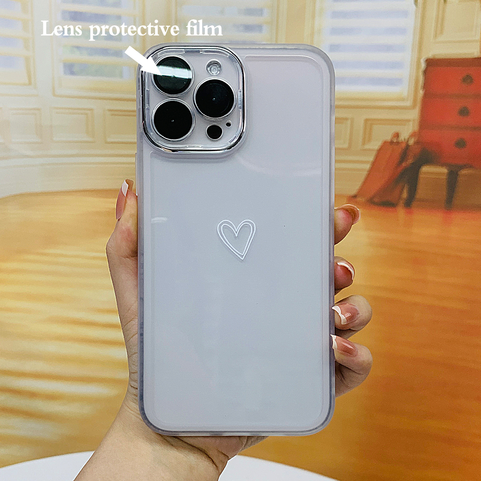 

White Love Pattern - Transparent Pc Electroplating Anti-fall Anti-scratch Anti-slip (two Sides Anti-slip Strip) All-inclusive Lens Protection Phone Case For Iphone 14 13 12 11 X 8 7 Plus Mini Series