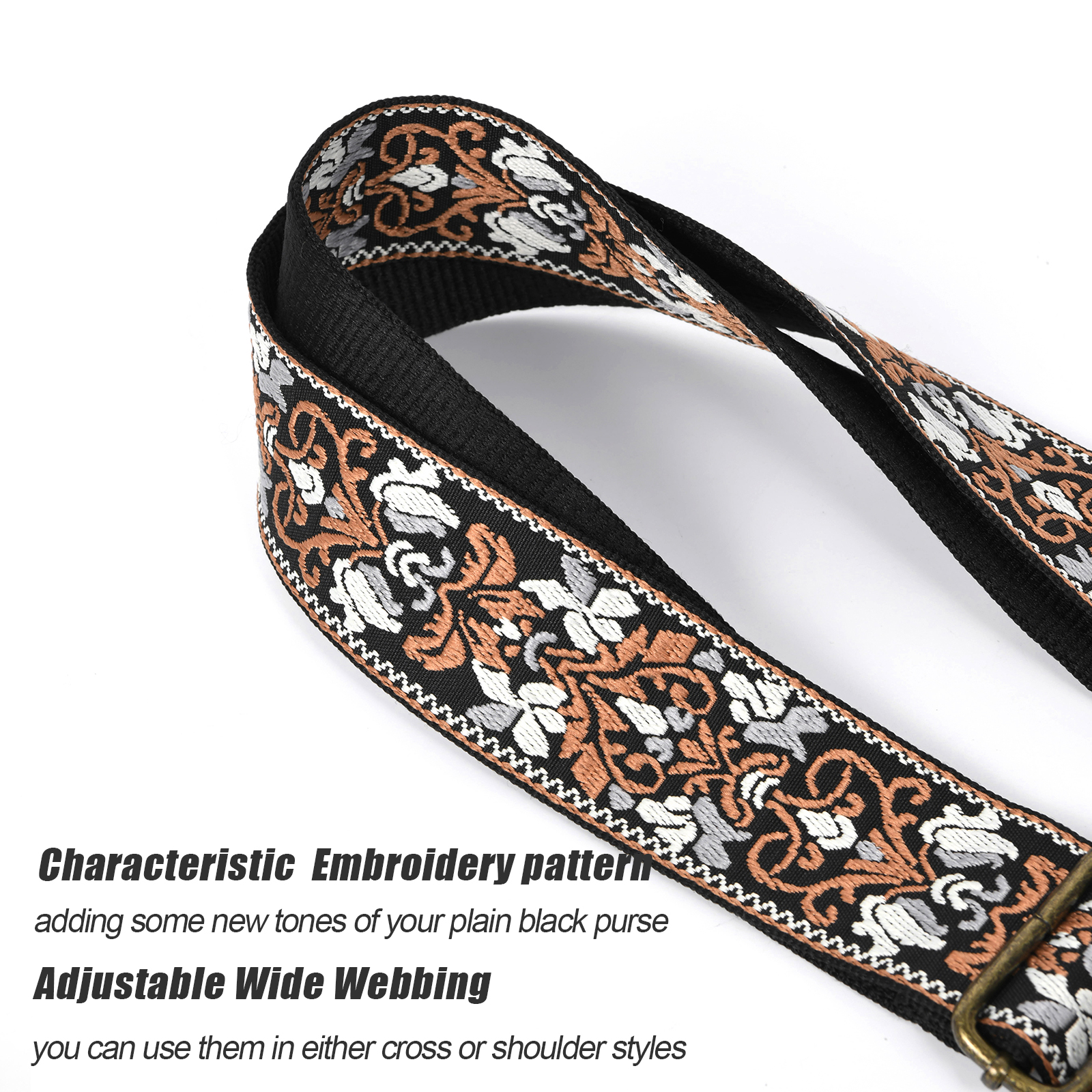 Ethnic Embroidery Wide Purse Straps For Women Crossbody Bags, Replacement  Guitar Strap For Cross Body/Shoulder Bag, Wide Black Purse Strap For Handbag