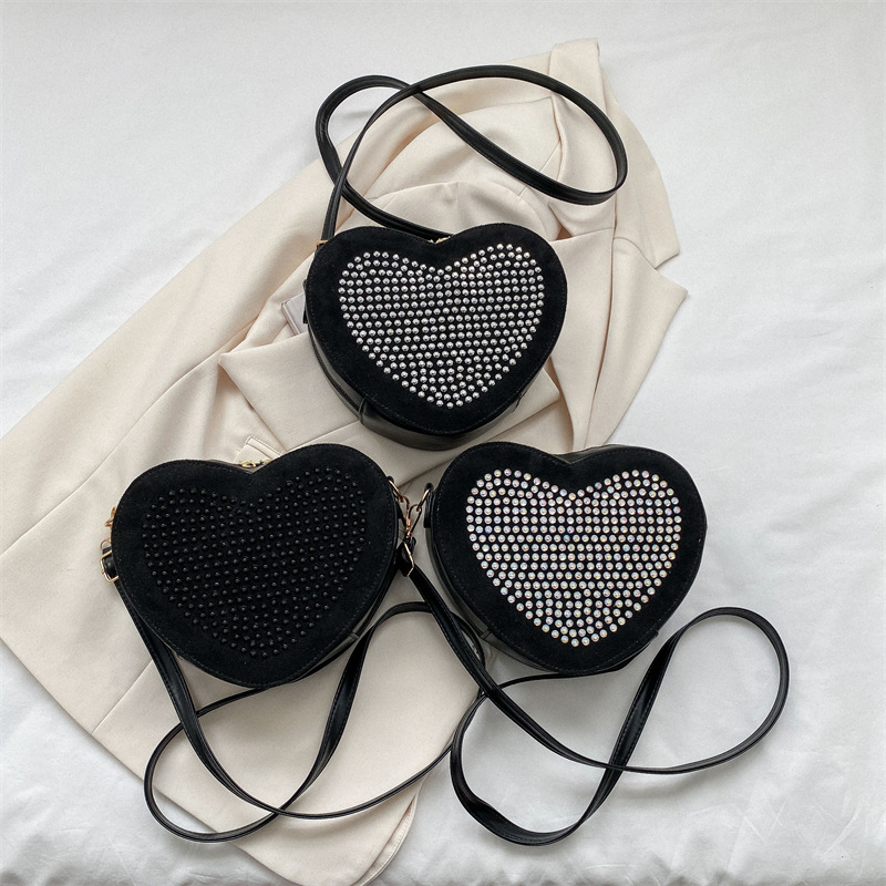 Sequin Heart Leather Purse in Black