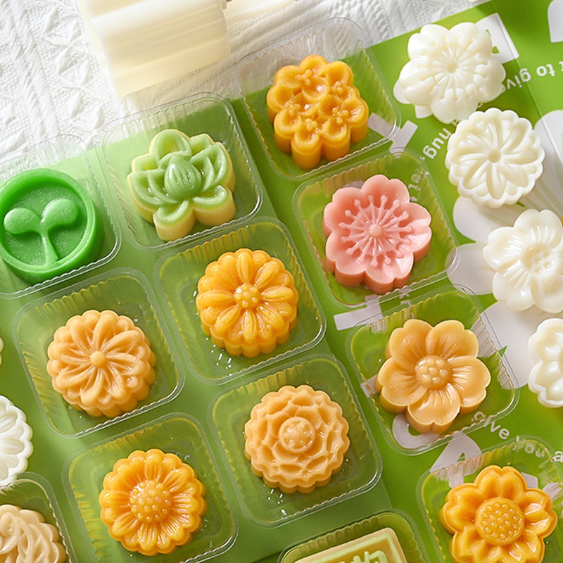 Cake Mold 6 Pcs, Mid Autumn Festival DIY Hand Press Cookie Stamps Pastry Tool Moon Cake Maker, Flower Mode Patterns 1 Mold 6 Stamps 50g (White)
