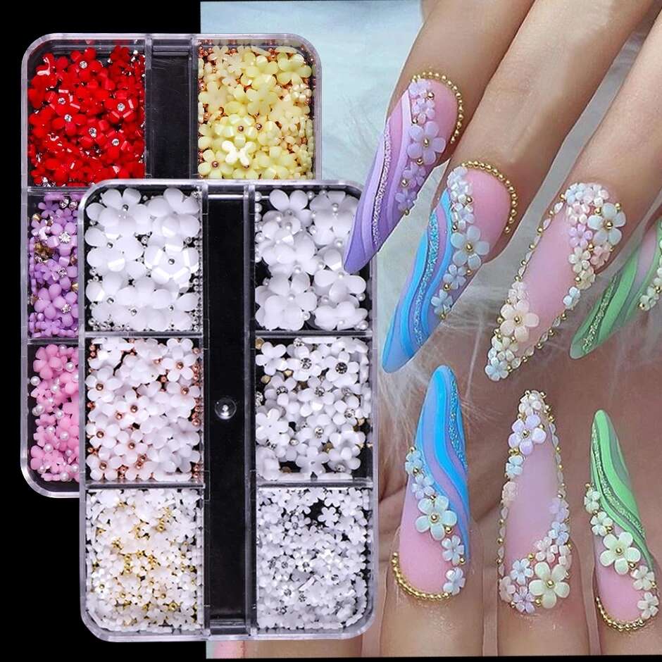 400Pcs 3D Flower Caviar Beads Nail Art Decals Charms for Nails, 3D Acrylic  Flower Nail Charms with Pearl Golden Caviar Beads for Women DIY Manicures