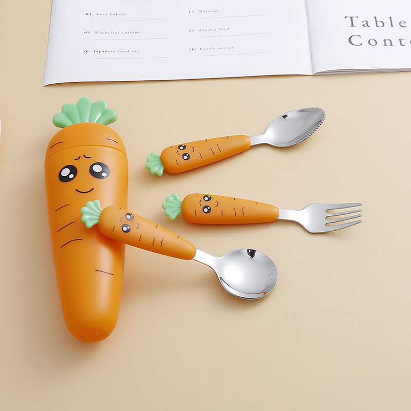 

1pc/1set Creative Cartoon Carrot Tableware, Children's Fork Spoon With Handle, Portable Children's Tableware, For Toddlers Kids