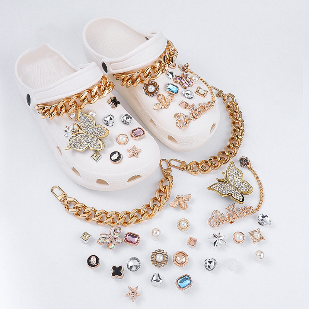 20Pcs Gold/Silver Bling Shoe Charms for Girls Women,Designer Jewelry Shoe  Charms Flower Pearl Rhinestone Chain Shiny Shoe Charms with Buttons Adult