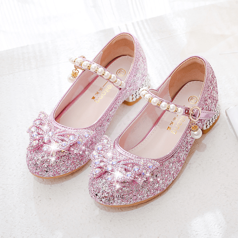 Girls Classic Round Toe Heeled Hook And Loop Princess Shoes For Wedding Party, Spring And Summer