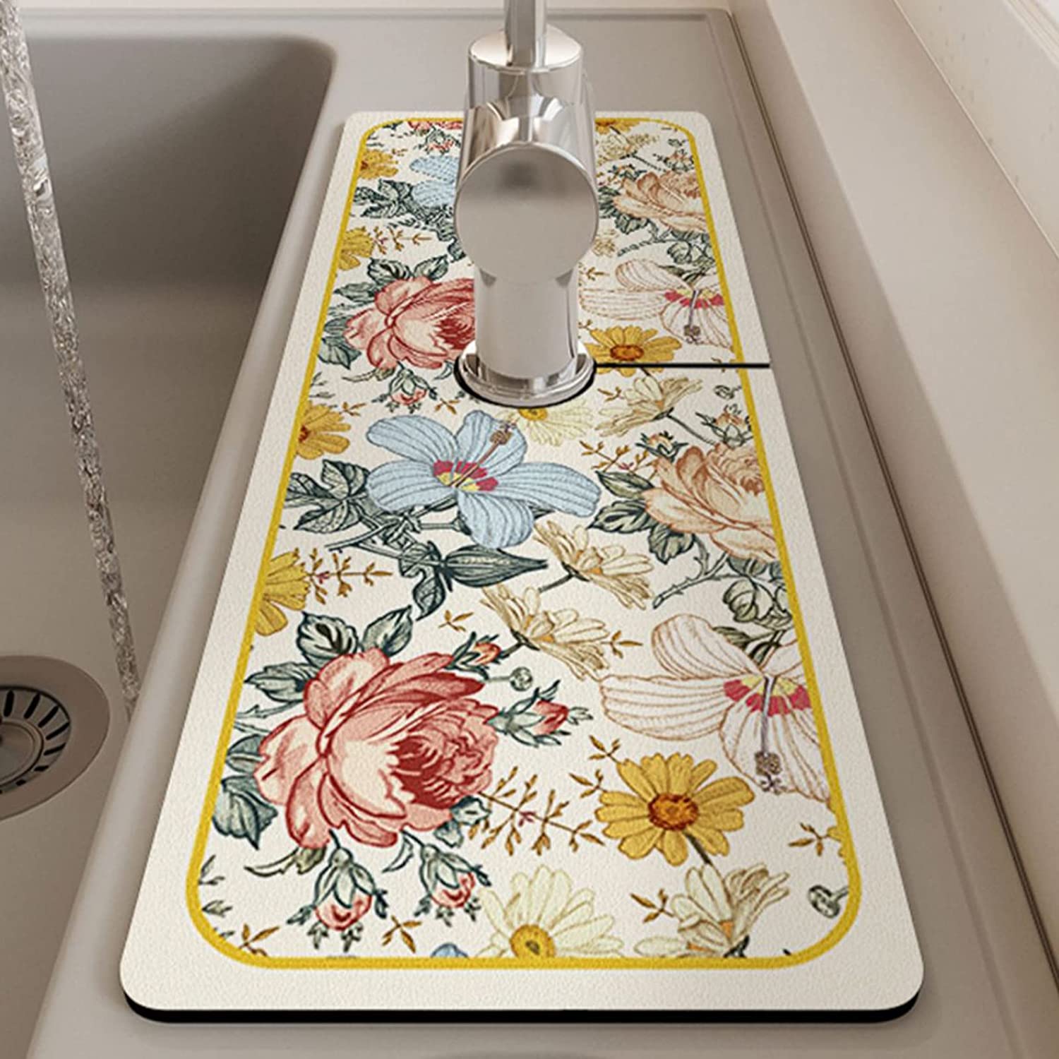 LELEBEAR Floral Sink Faucet Absorbent Mat, Self Absorbent Draining