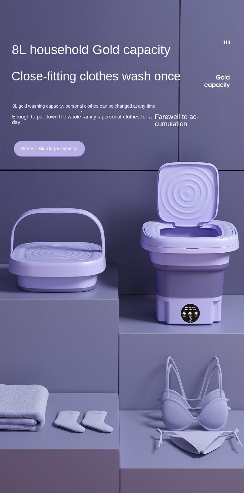 Lavadora portátil, mini lavadora de alta capacidad de 8 litros con 3 modos  de limpieza profunda, lavado medio automático, lavadora plegable con