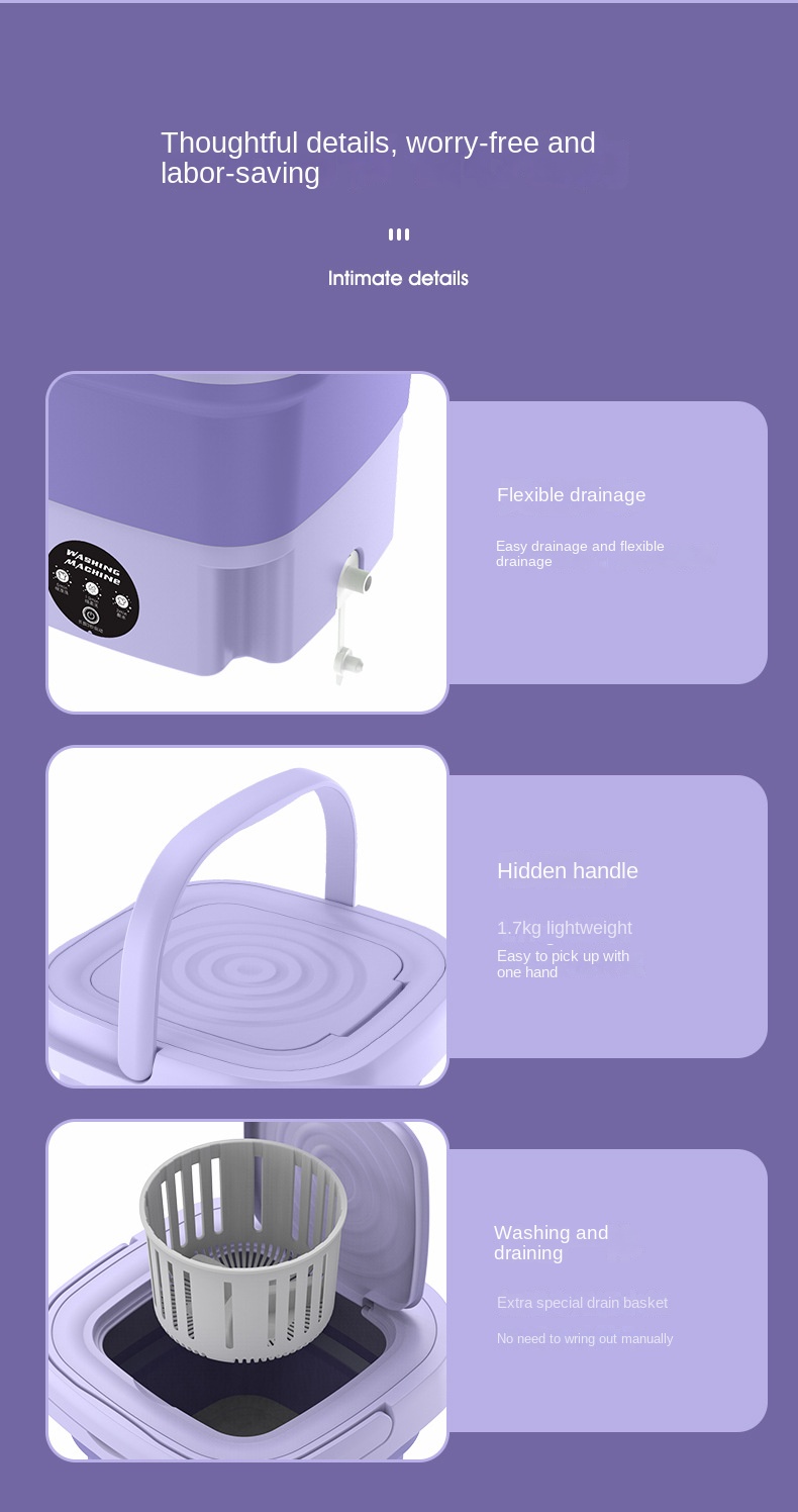 Lavadora plegable, mini lavadora de alta capacidad de 9 litros con 3 modos  de limpieza profunda, lavado medio automático, lavadora portátil con