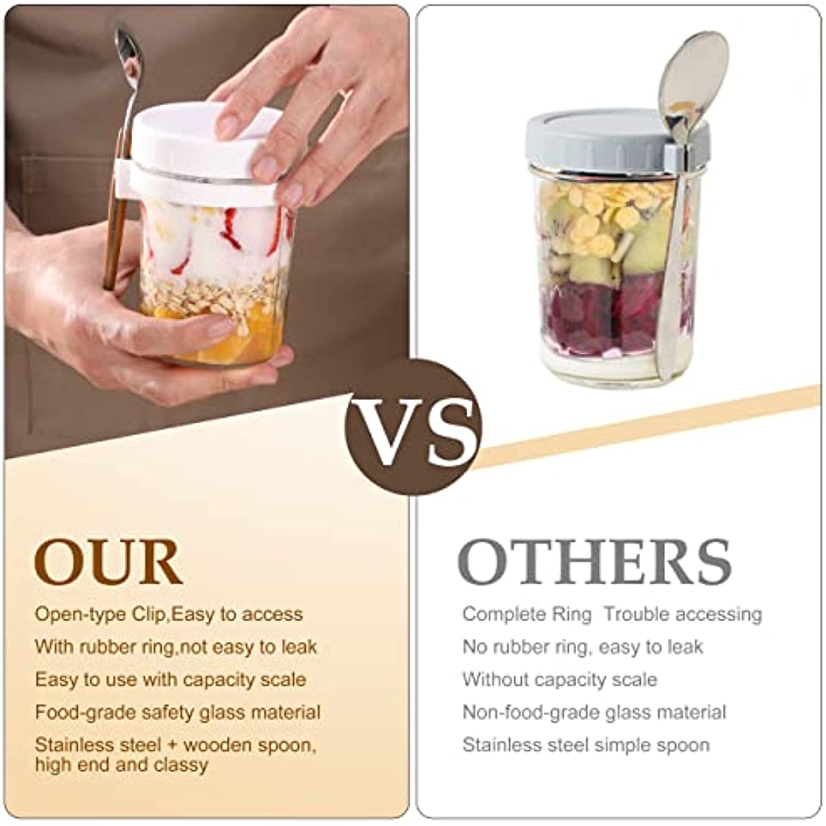 Overnight Oats Containers with Lids And Spoon, 4 Pack Glass Mason Jars for Overnight  Oats Oatmeal Container to Go 16 Oz Meal Prep Jars with Measurement Scale  for Pudding Milk Cereal Salad