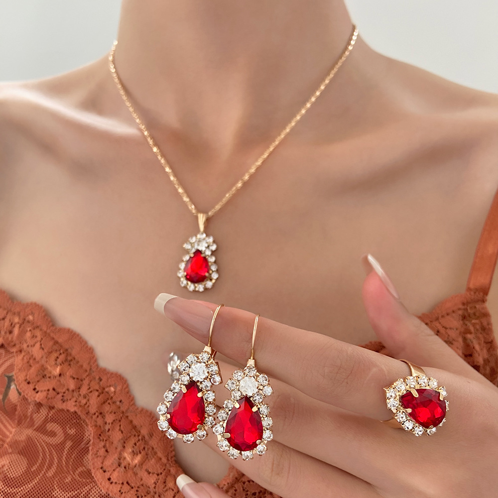 Luxury Womens Red Bridal Jewellery Set Earrings And Necklace By