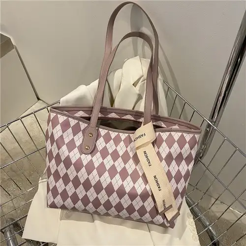 Rhombus Pattern Tote Bag, Fashion Pu Leather Handbag, Large