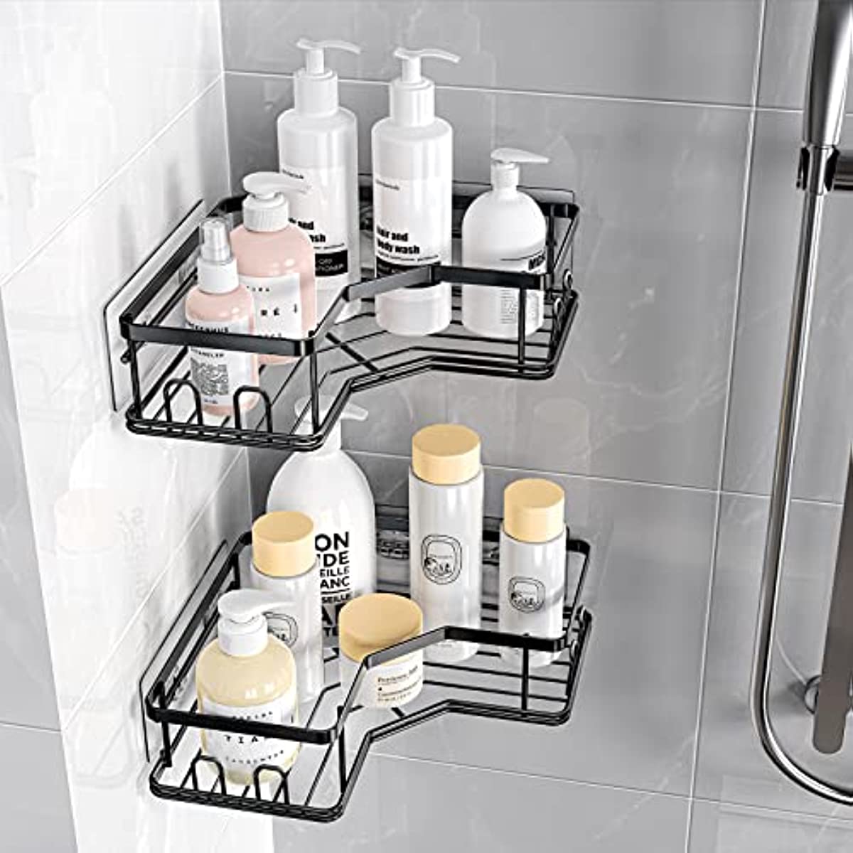  Corner Shower Caddy, 2 Pack Adhesive Organizer with Hooks, Shelf  for Inside Shower, Stainless Steel Rack Bathroom Storage, Bathtub No  Drilling, Black : Home & Kitchen