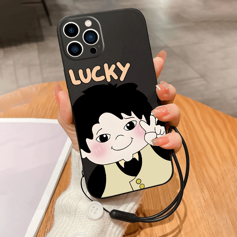 Lucky Graphic Phone Case With Lanyard For IPhone 14, 13, 12, 11 Pro Max, XS  Max, X, XR, 8, 7, 6s, Plus , Mini ,Black Pattern Anti-fall Silicon Phone