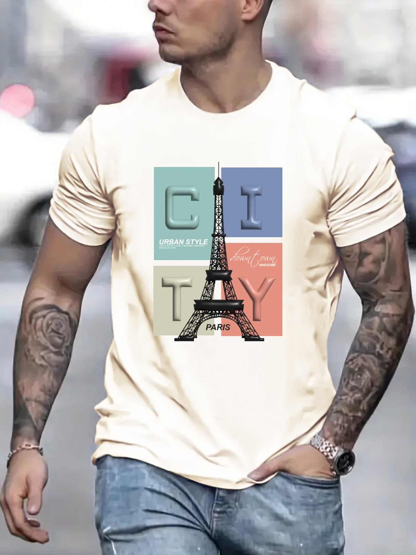 3d Embossed Letter Print, Men's Graphic T-shirt, Casual Comfy Tees