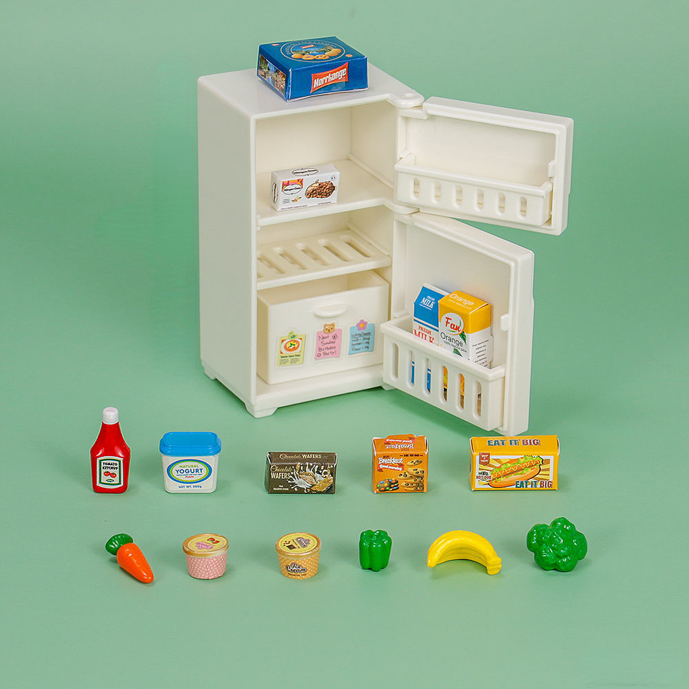 Mini nevera de casa de muñecas en miniatura, refrigerador mini refrigerador  de juguete con comida, mini refrigerador de juguete con cubos de hielo