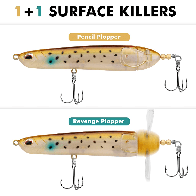 TRUSCEND Pencil Plopper Fishing Lures: Catch Bass, Catfish, Perch & More  with Propeller Tail & BKK Hooks!