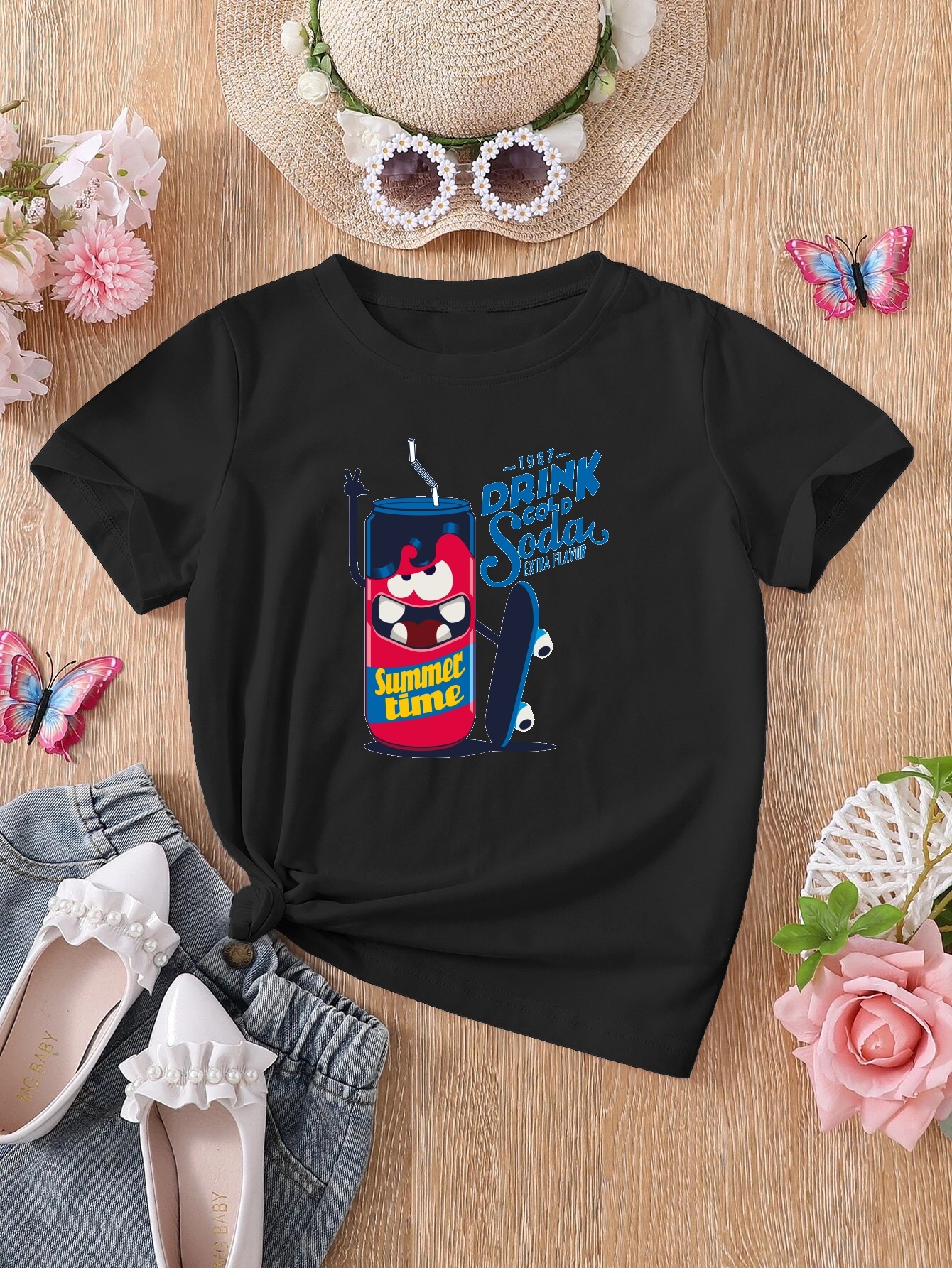 Desenhos animados gráfico impresso t-shirt para meninas e meninos, roupas  de manga curta, confortável, versátil