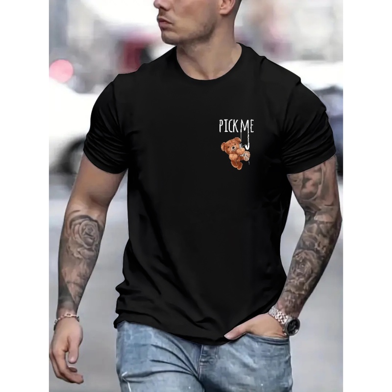 Pick Me Print Toy Bear Pattern T-shirt, Men's Casual Street Style