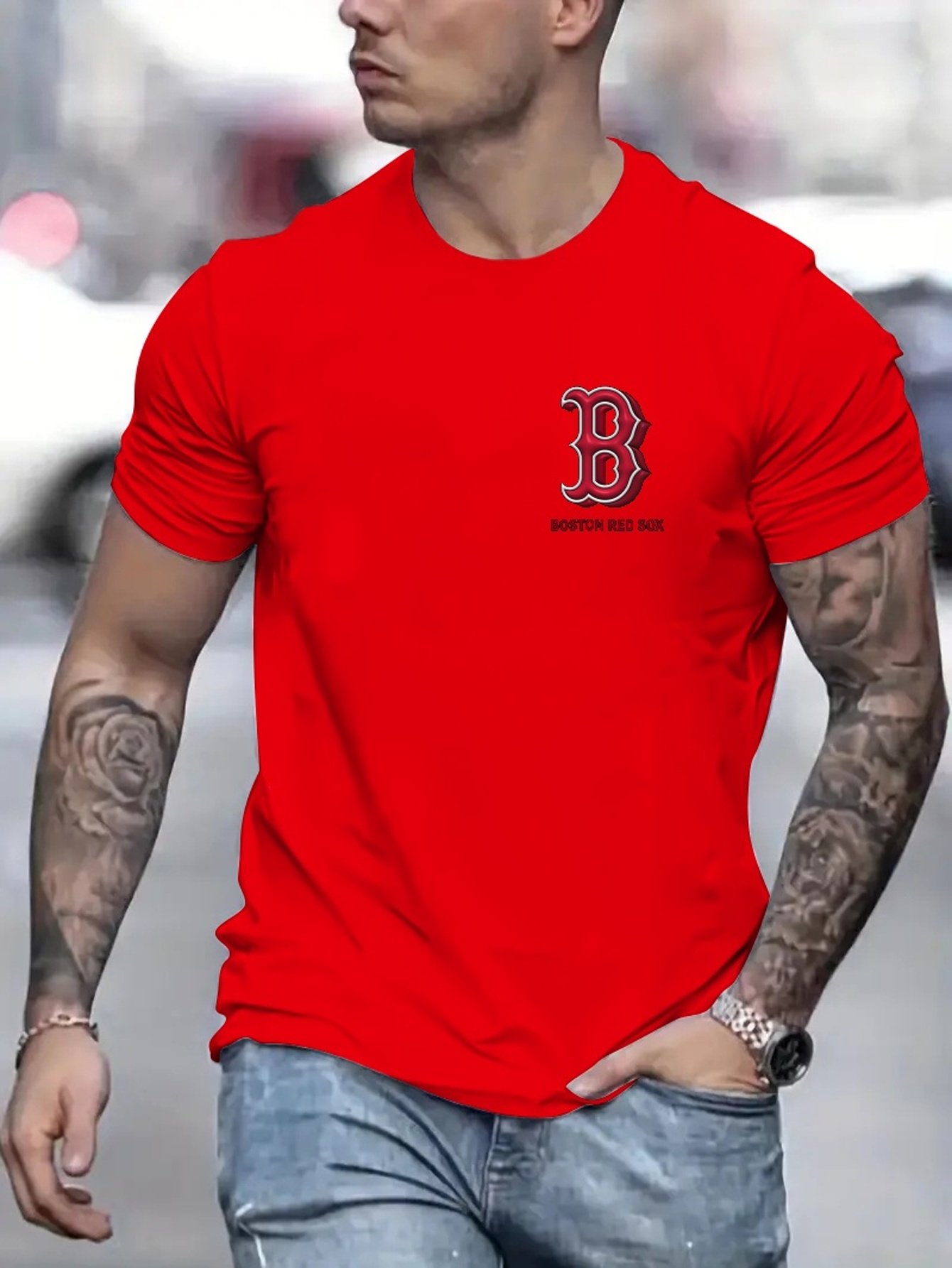 Letter B Comfy T Shirt Mens Casual Solid Color Mid Stretch Round