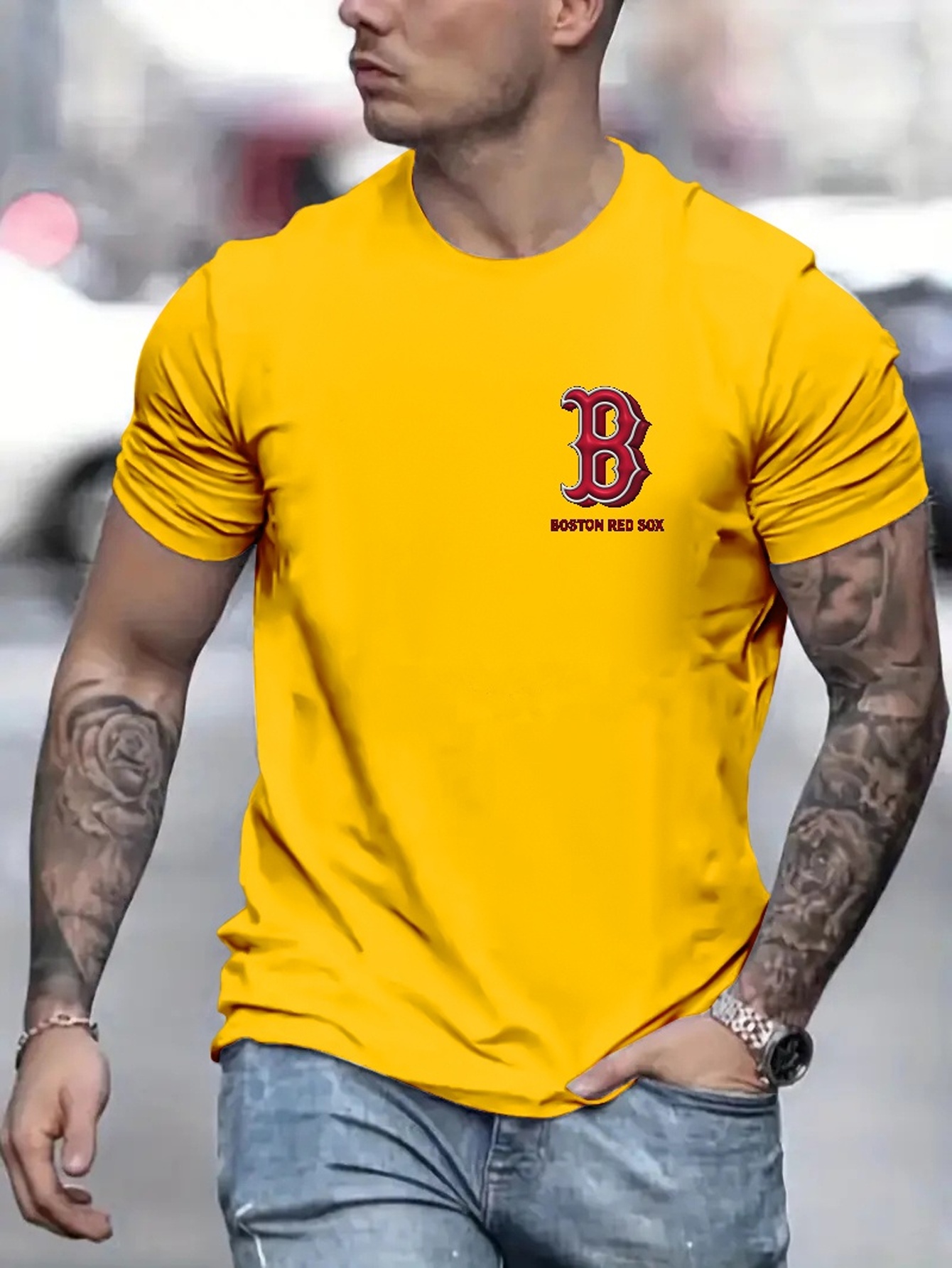 Letter B Comfy T Shirt Mens Casual Solid Color Mid Stretch Round