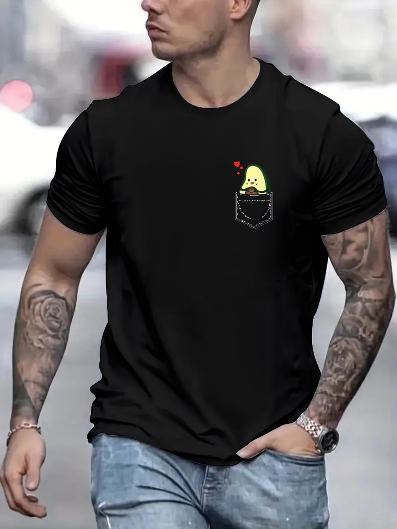 Trendy Cartoon Avocado Pattern Print Men's T-shirt, Graphic Tee