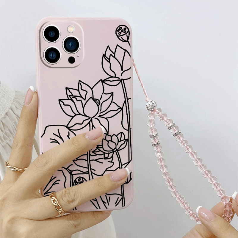

1pc Lotus Graphic Anti-fall Phone Case With Beaded Lanyard For Iphone 14, 13, 12, 11 Pro Max, Xs Max, X, Xr, 8, 7, 6, 6s, Mini, 2022 Se, Plus With Beads Ornaments Pink Anti-fall Silicon Case