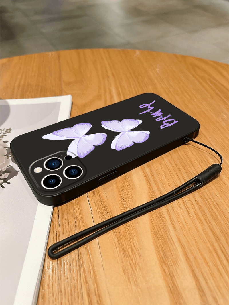 Purple Butterflies Graphic Phone Case With Lanyard For Iphone 14