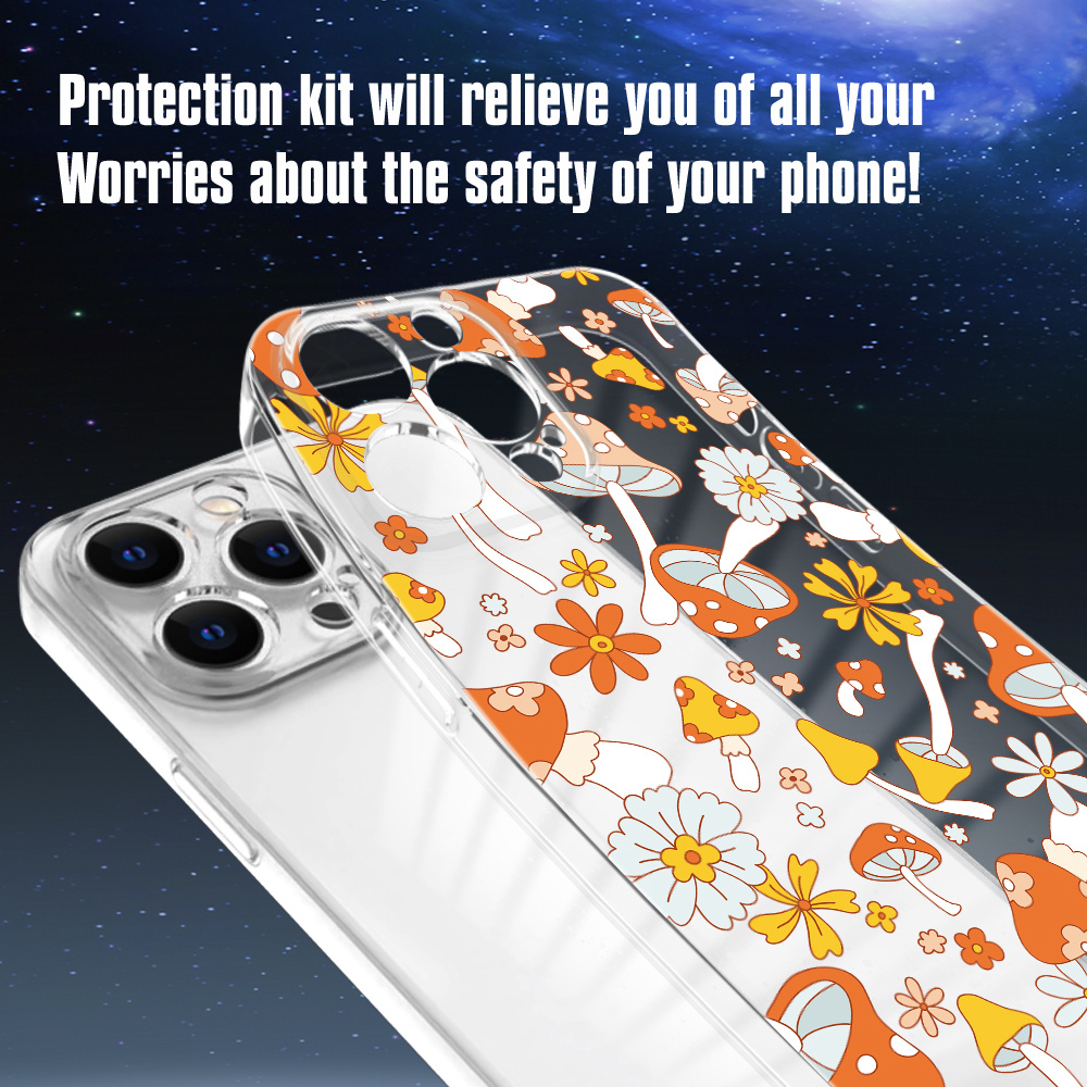 Mushroom Shaped Pattern Liquid Silicone Mobile Phone Case Thick Full Body Protection Shockproof Anti fall TPU Soft Rubber Case Color Transparent Whit