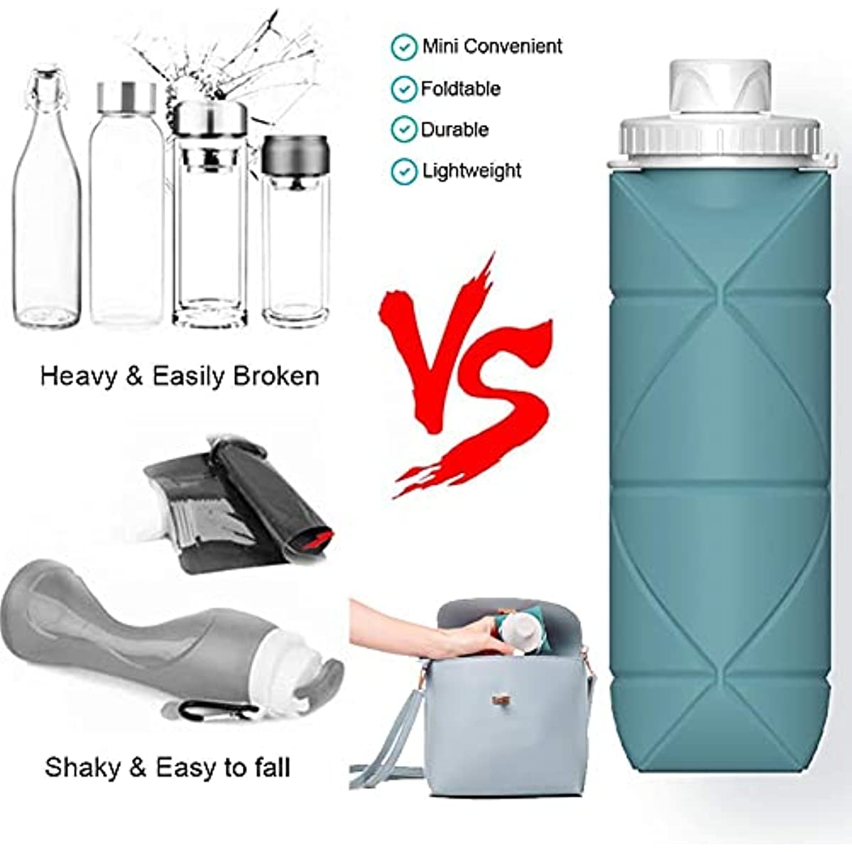 Collapsible Water Bottle Leakproof Reusable BPA Free Silicon Foldable Dark  Green