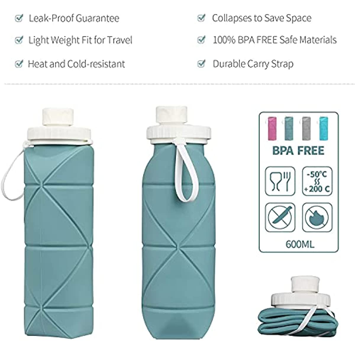 Collapsible Water Bottles (25 oz) - Leakproof Foldable Water Bottle w/ Foldable Straw & Cleaner - BPA Free Lightweight Water Bottles - Ideal Sports