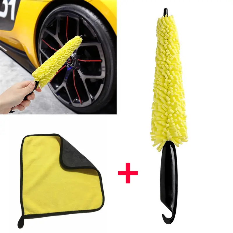 2pcs Car Cleaning Kit Car Wash Portable Microfiber Wheel Tire Rim Brush+Car  Cleaning Drying Cloth Auto Cleaning For Car Cleaning Accessories