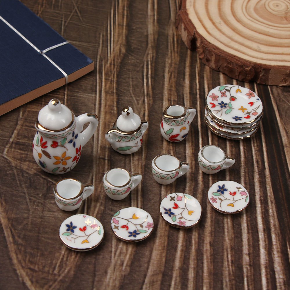 15Pcs 1:12 Miniature Porcelain Tea Cup Set Flower Tableware