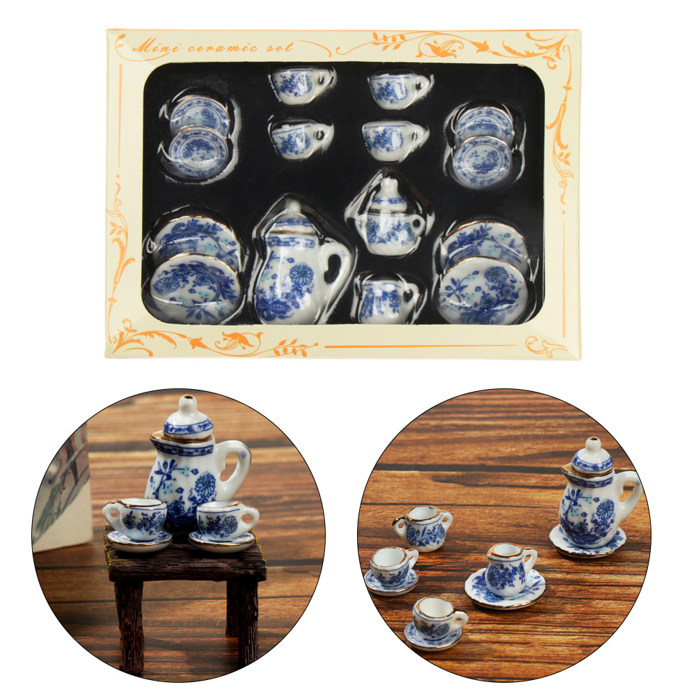 Xyer 1 Set 1:12 Mini Teapot Cup Realistic Decorative Ceramics Japanese Style Porcelain Tea Kit Dollhouse Accessories for Living Room Navy Blue, Size