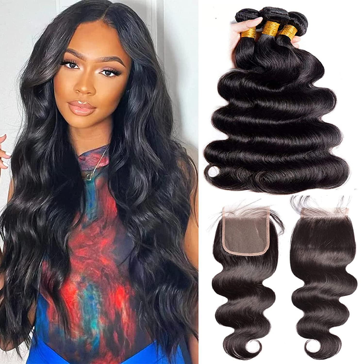 body wave bundles closure human hair 3 bundles lace closure Temu