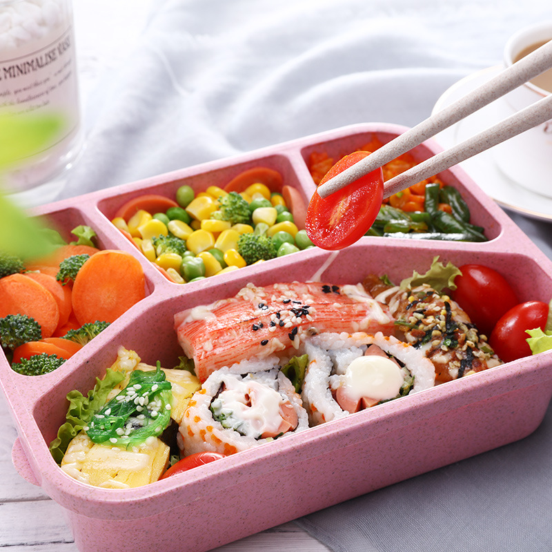 1pc Microwaveable Wheat Straw Bento Box With Dividers, Japanese