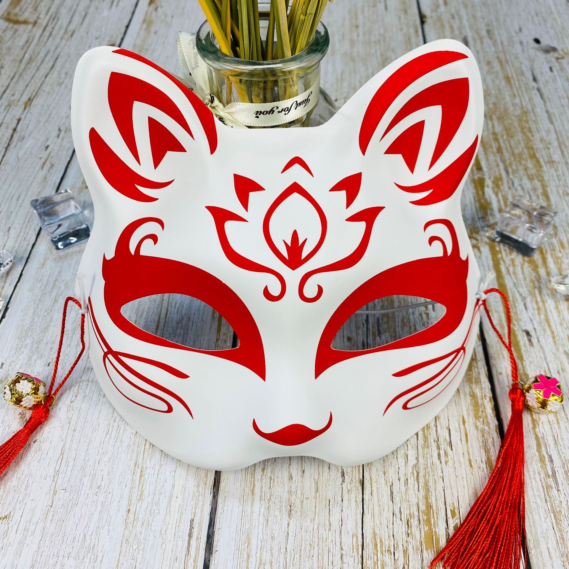 1pc, Maschera Giapponese Mezza Faccia Dipinta A Mano Maschera Di