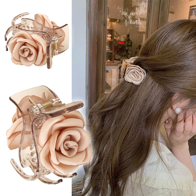 

French Satin Flower Hair Claw - Tea Color Camellia Hair Accessory For Women - Gentle Chinese Style Hair Clip - Shark Claw Design