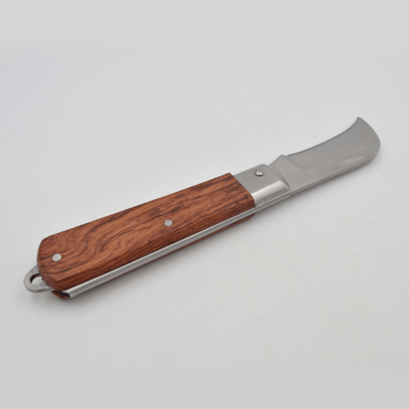 Yosoo Cuchillo de electricista plegable, hoja de papel de acero inoxidable  RD-70, mango de madera, cuchillo pelacables plegable para cortar goma
