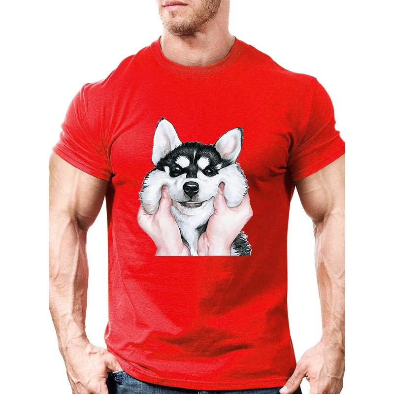 

Cute Dog Graphic Print Men's Creative Top, Casual Mid Stretch Short Sleeve Crew Neck T-shirt, Men's Tee For Summer Outdoor