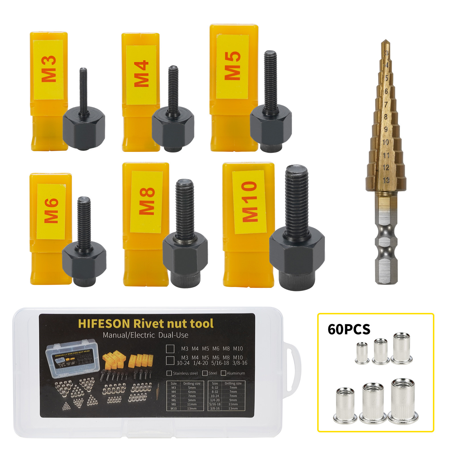 68pcs Rivet Gun Rivnut Tool Iron Nut Steel Material Thread Pull Bit Riveting Nut M3-M10 Multi Size Insert Nutsert Cap